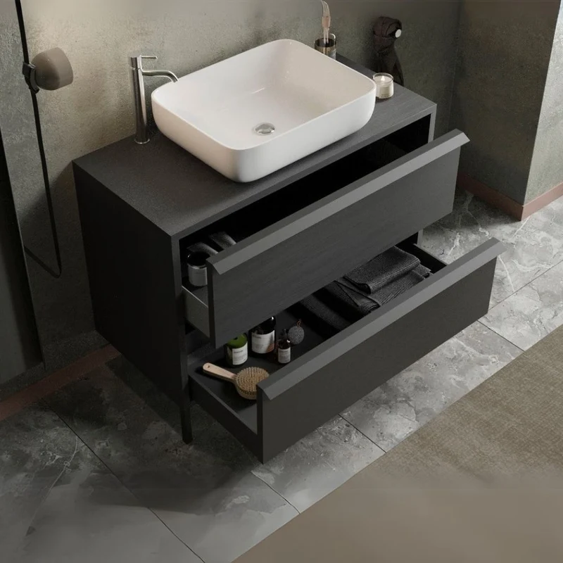 Mobile bagno nero frassinato con cassetti e lavabo appoggio incluso 105x78H cm - Nesto