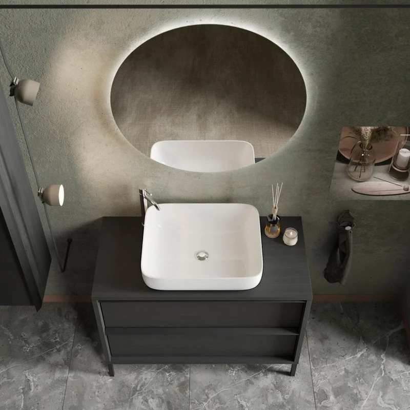 Mobile bagno nero frassinato con cassetti e lavabo appoggio incluso 105x78H cm - Nesto