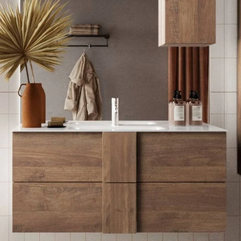 Mobile bagno sospeso colore rovere con cassetti e lavabo in ceramica 80x51H cm - Batlox