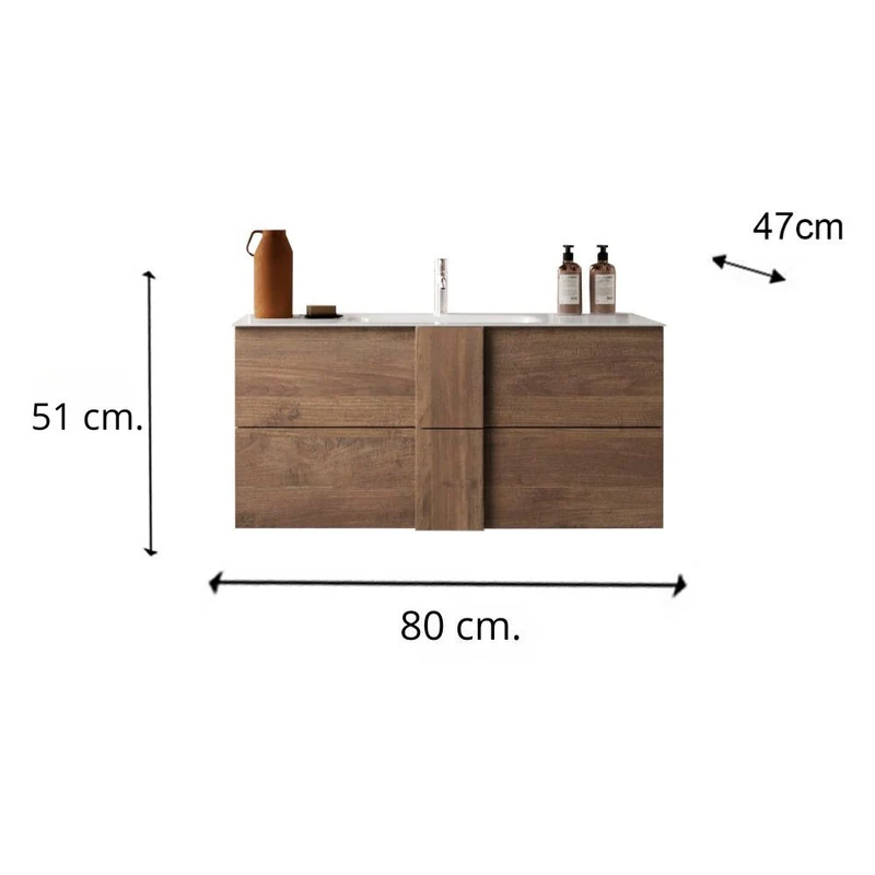 Mobile bagno sospeso colore rovere con cassetti e lavabo in ceramica 80x51H cm - Batlox