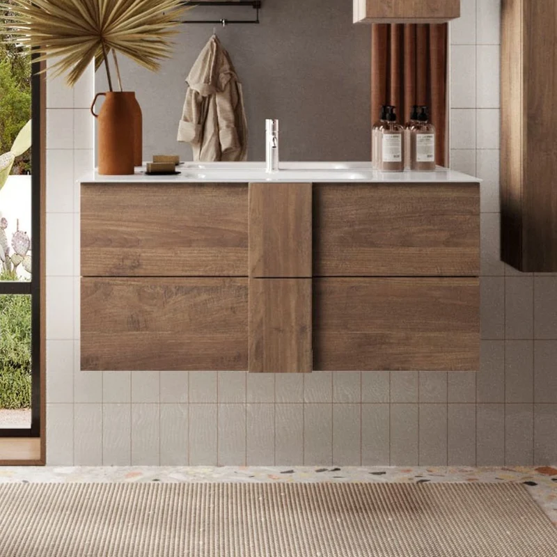 Mobile bagno sospeso colore rovere con cassetti e lavabo in ceramica 101x51H cm - Batlox