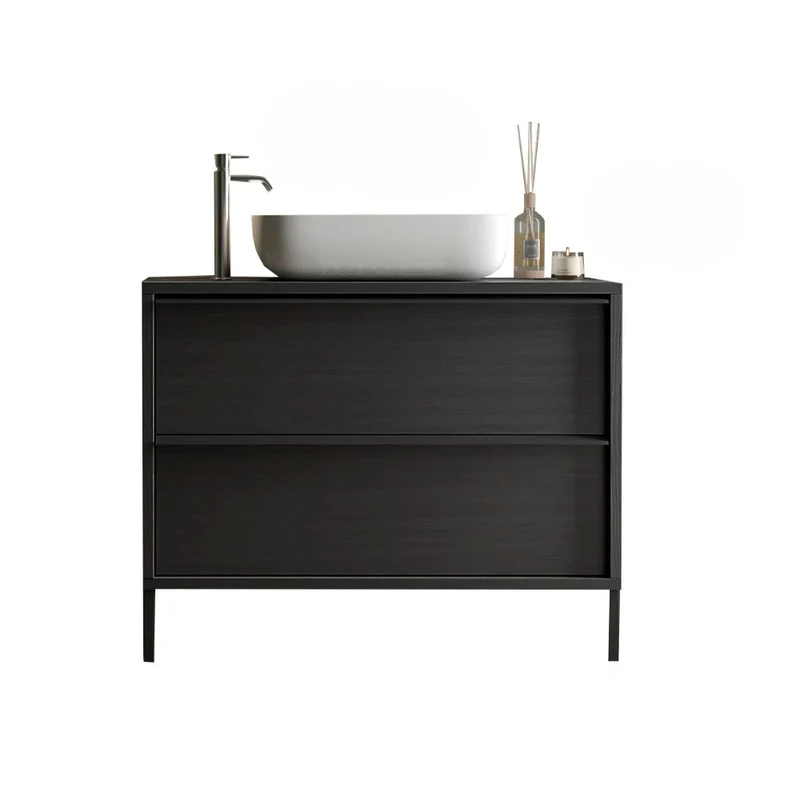 Mobile bagno nero frassinato con cassetti e lavabo appoggio incluso 79x78H cm - Nesto