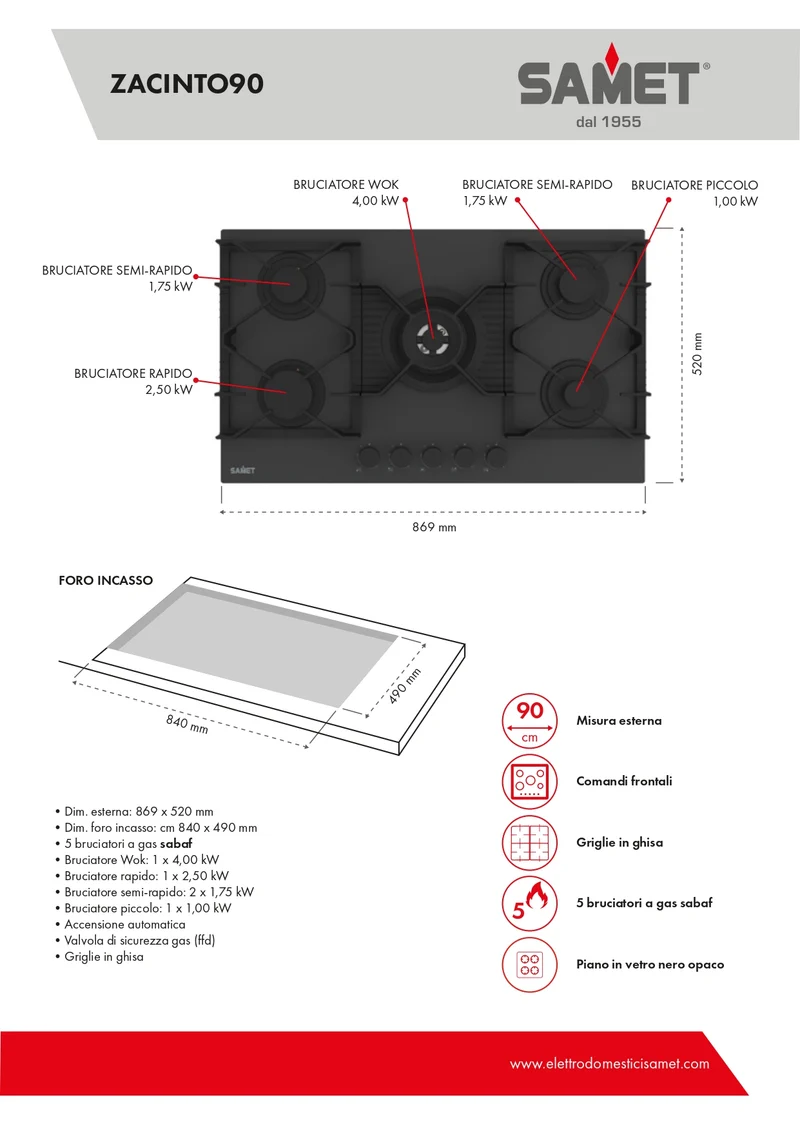 Piano cottura a gas in vetro temperato satinato nero opaco 5 fuochi 90 cm - Zacinto