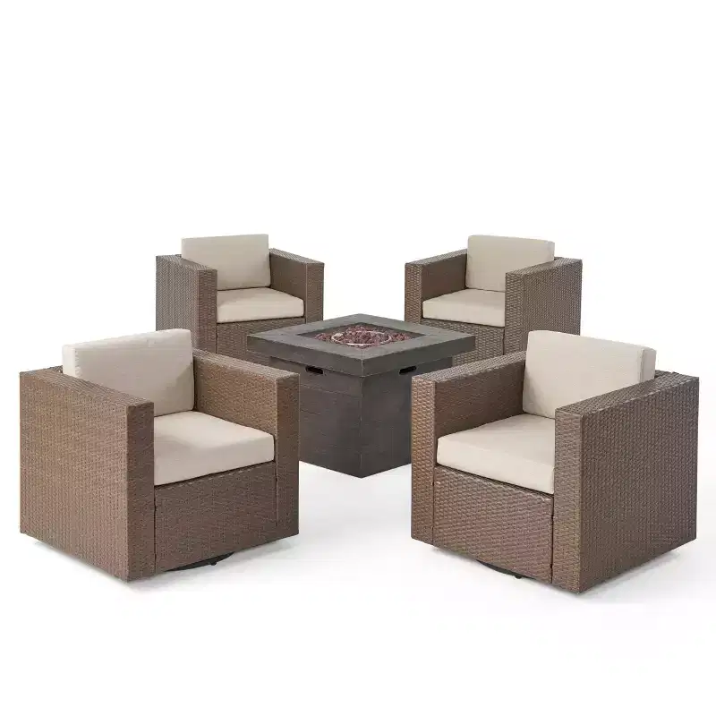 GDFStudio Venise Ensemble d'extérieur 5 pièces avec fauteuil pivotant en osier et foyer avec coussins