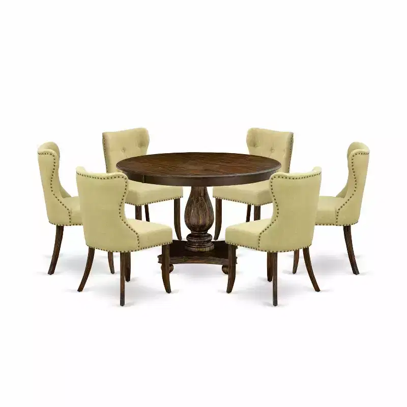 Table à manger ronde 7 pièces HomeStock avec plateau en bois massif finition jacobine patinée et 6 chaises Parson