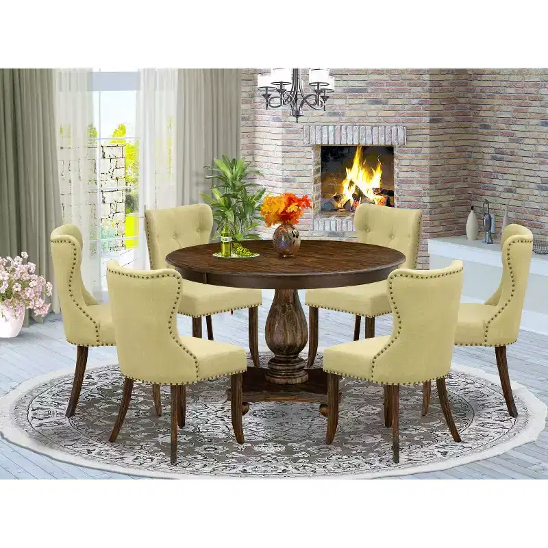 Table à manger ronde 7 pièces HomeStock avec plateau en bois massif finition jacobine patinée et 6 chaises Parson