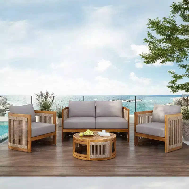 Christopher Knight Home Mads Ensemble de 4 fauteuils d'extérieur en bois d'acacia courbé avec corde tressée