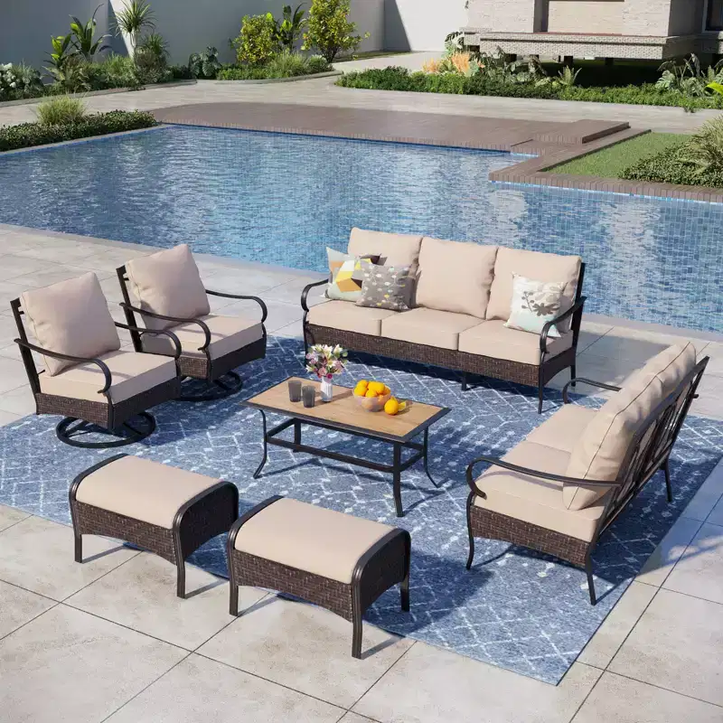 Captiva Designs Salon de conversation de 7 pièces extra large en métal et rotin pour patio avec causeuse et fauteuils pivotants