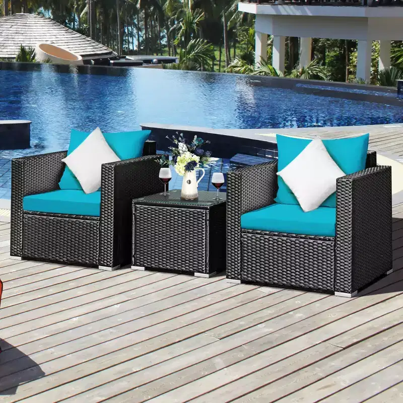 Costway Ensemble de Meubles de Jardin en Rotin 3 pièces Table Basse avec Coussins Rouge\Turquoise\Bleu Marine\Noir