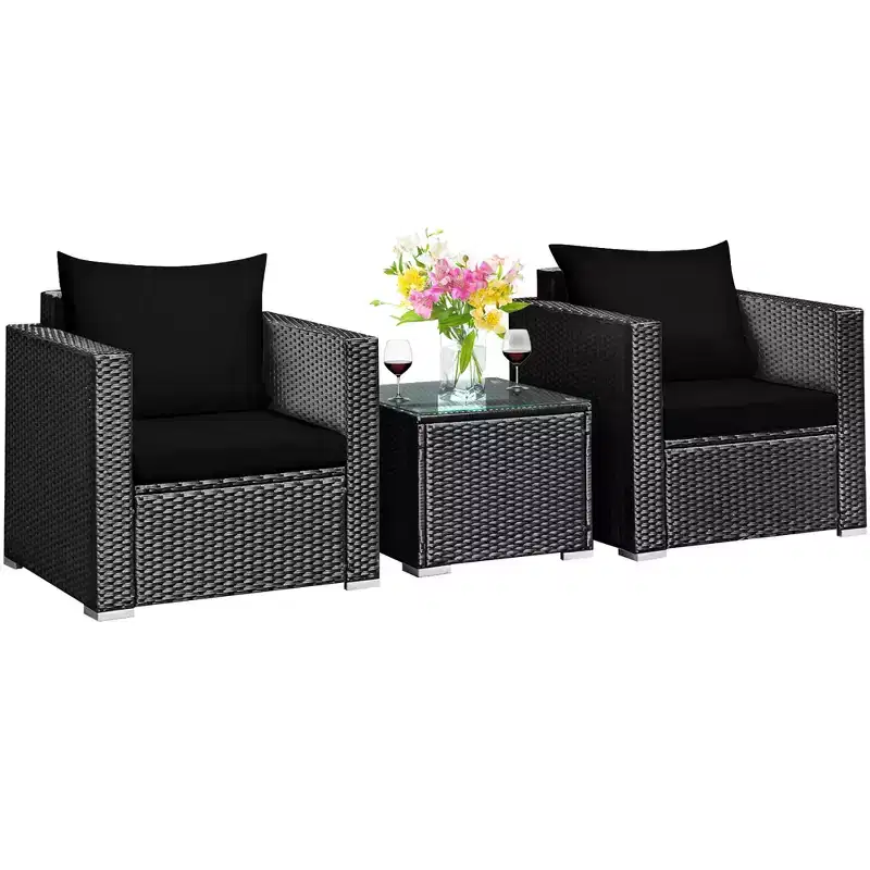 Costway Ensemble de Meubles de Jardin en Rotin 3 pièces Table Basse avec Coussins Rouge\Turquoise\Bleu Marine\Noir