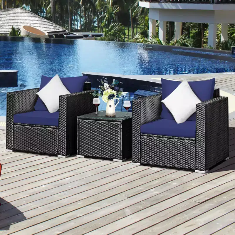 Costway Ensemble de Meubles de Jardin en Rotin 3 pièces Table Basse avec Coussins Rouge\Turquoise\Bleu Marine\Noir