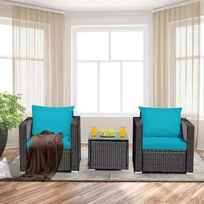 Costway Ensemble de Meubles de Jardin en Rotin 3 pièces Table Basse avec Coussins Rouge\Turquoise\Bleu Marine\Noir