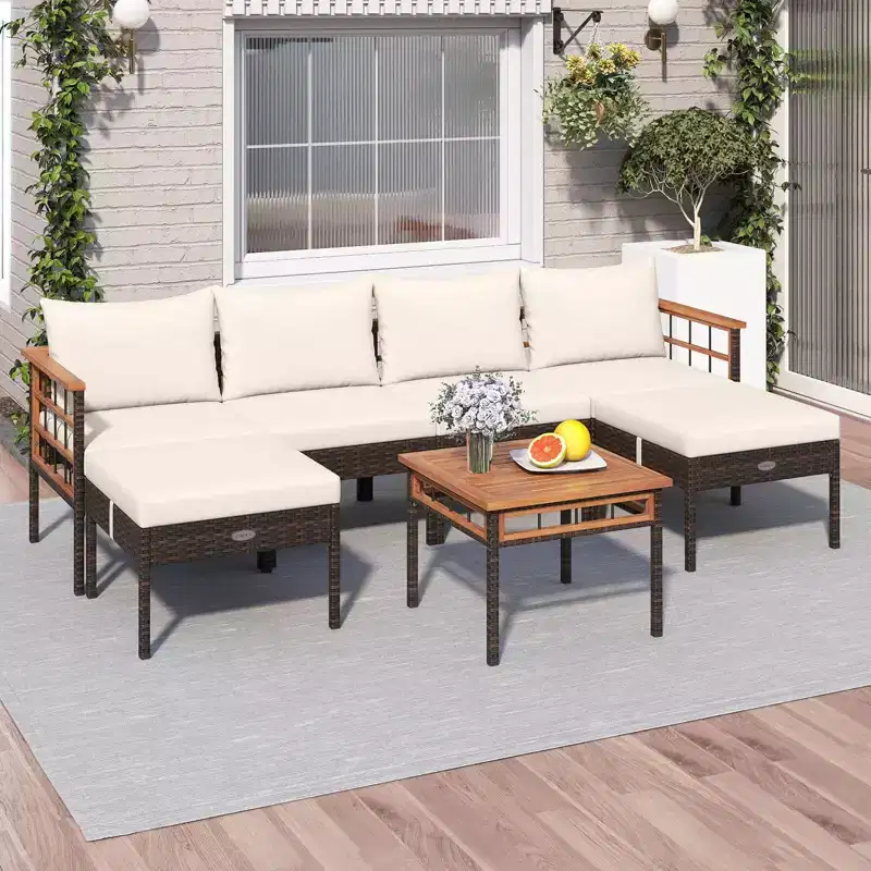 Costway Ensemble de Meubles en Rotin 7 Pièces avec Ottomans Table d'appoint Plateau de Table en Bois d'Acacia Accoudoirs Marron Mélangé + Blanc Cassé
