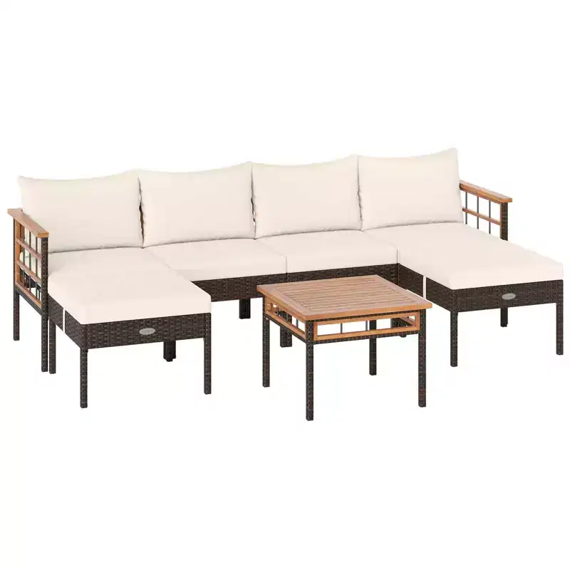 Costway Ensemble de Meubles en Rotin 7 Pièces avec Ottomans Table d'appoint Plateau de Table en Bois d'Acacia Accoudoirs Marron Mélangé + Blanc Cassé