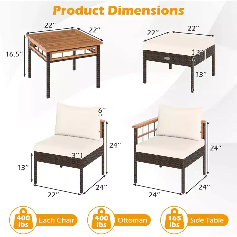Costway Ensemble de Meubles en Rotin 7 Pièces avec Ottomans Table d'appoint Plateau de Table en Bois d'Acacia Accoudoirs Marron Mélangé + Blanc Cassé