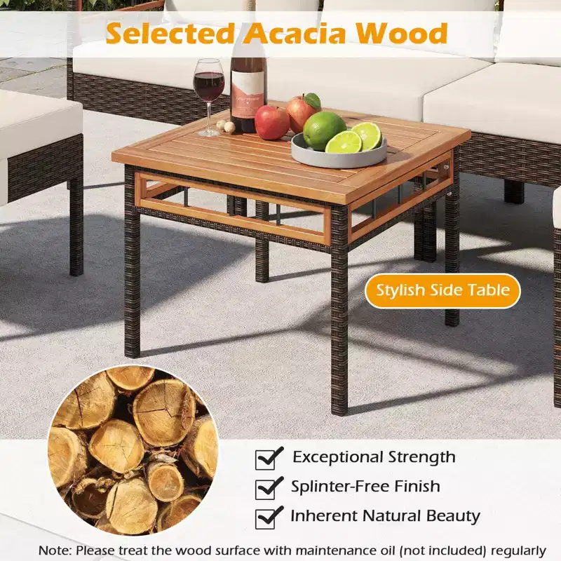 Costway Ensemble de Meubles en Rotin 7 Pièces avec Ottomans Table d'appoint Plateau de Table en Bois d'Acacia Accoudoirs Marron Mélangé + Blanc Cassé