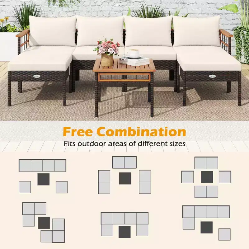 Costway Ensemble de Meubles en Rotin 7 Pièces avec Ottomans Table d'appoint Plateau de Table en Bois d'Acacia Accoudoirs Marron Mélangé + Blanc Cassé