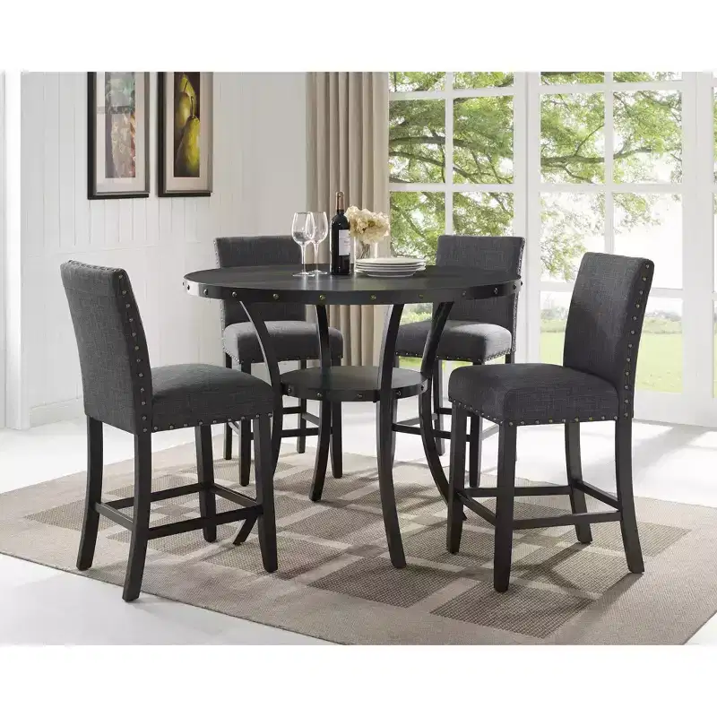 Ensemble de salle à manger Biony en bois espresso de hauteur comptoir avec tabourets gris en tissu clouté