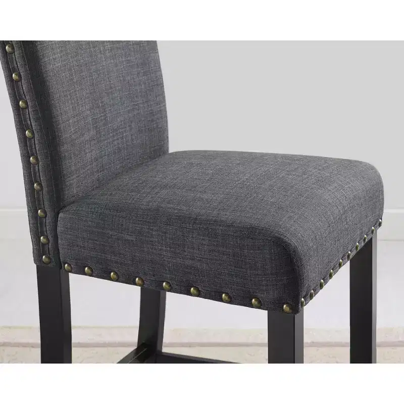 Ensemble de salle à manger Biony en bois espresso de hauteur comptoir avec tabourets gris en tissu clouté