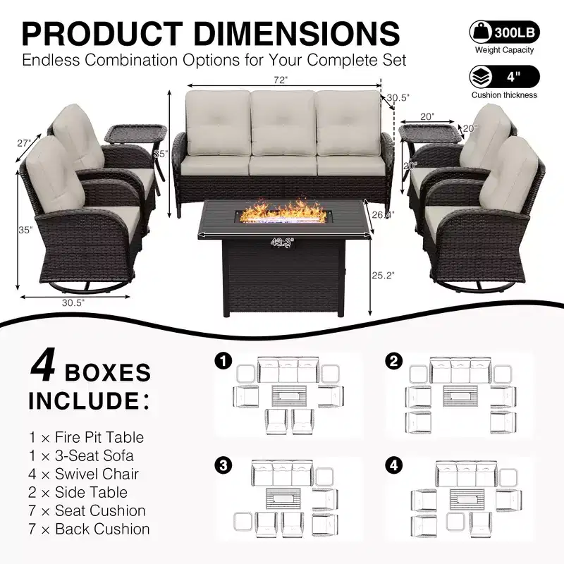 Ensemble de patio extérieur UPTIOT avec foyer, canapé, fauteuils pivotants et tables d'appoint