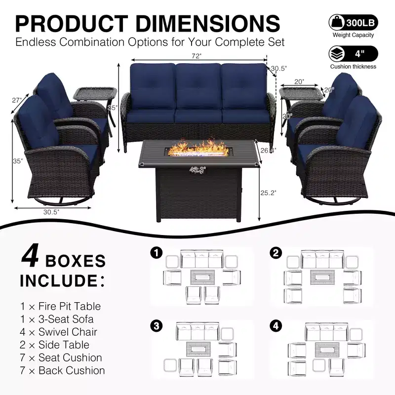 Ensemble de patio extérieur UPTIOT avec foyer, canapé, fauteuils pivotants et tables d'appoint