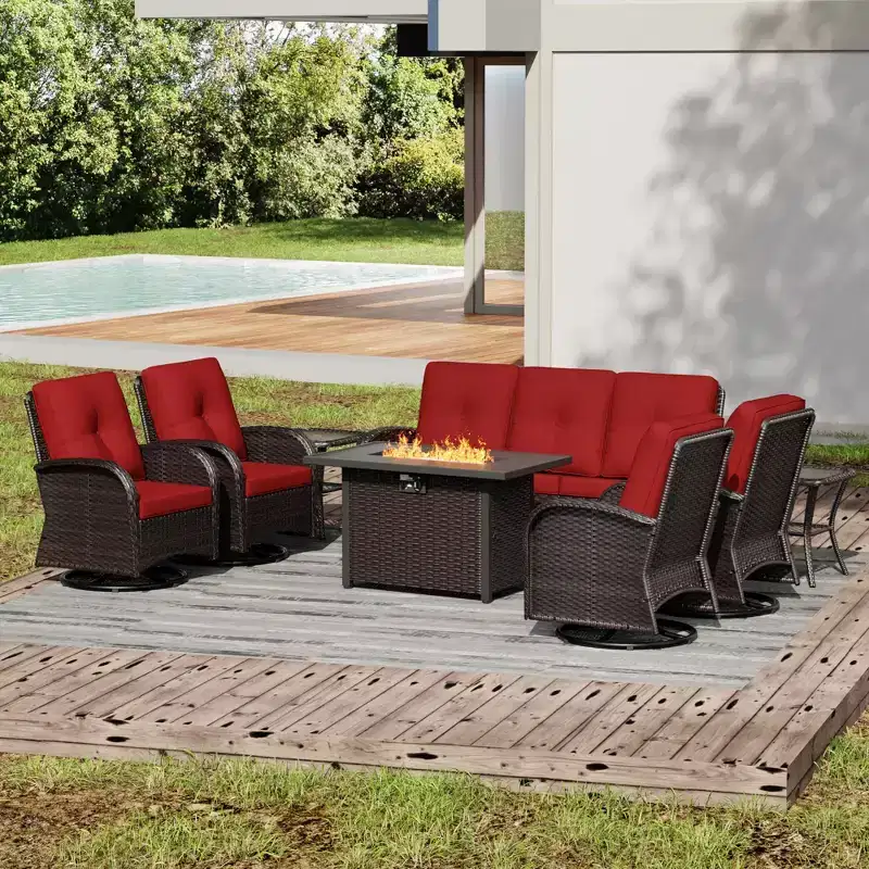 Ensemble de patio extérieur UPTIOT avec foyer, canapé, fauteuils pivotants et tables d'appoint