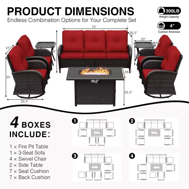 Ensemble de patio extérieur UPTIOT avec foyer, canapé, fauteuils pivotants et tables d'appoint