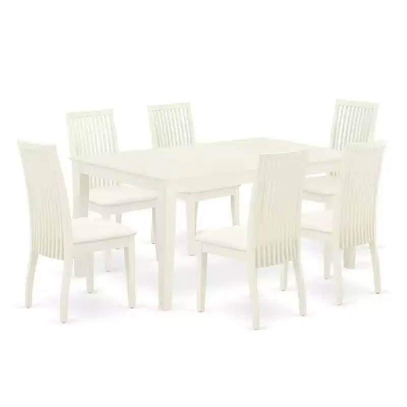 HomeStock Ensemble de salle à manger 7 pièces avec table rectangulaire plateau en bois massif finition lin blanc et 6 chaises