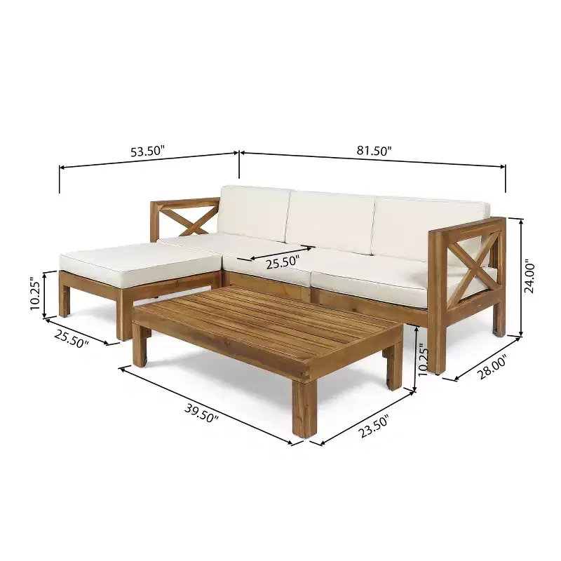 GDFStudio Allaire Canapé sectionnel 3 places en bois d'acacia avec pouf