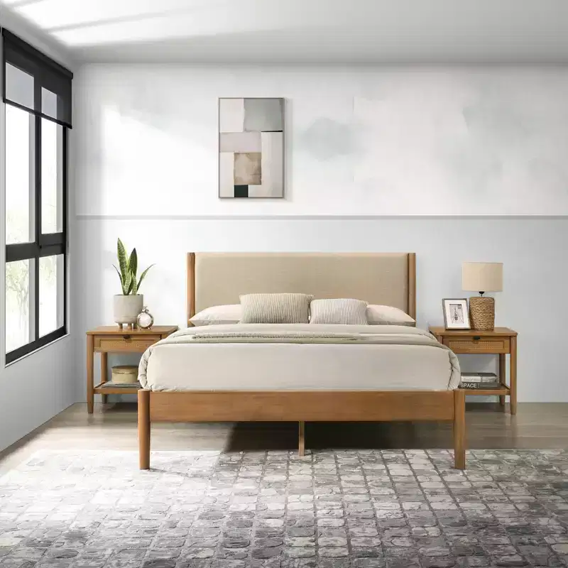 Ensemble de chambre à coucher Roundhill Furniture Vichy 3 pièces en hévéa, lit plateforme avec deux tables de chevet