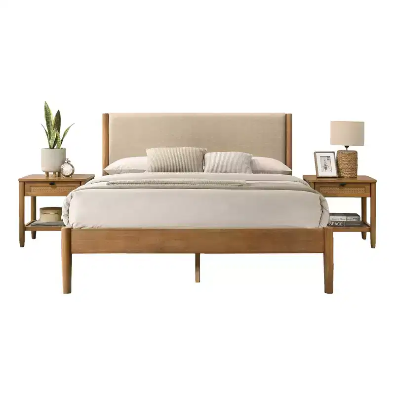 Ensemble de chambre à coucher Roundhill Furniture Vichy 3 pièces en hévéa, lit plateforme avec deux tables de chevet