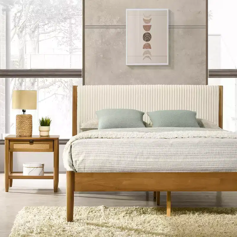 Ensemble de chambre à coucher Roundhill Furniture Vichy 3 pièces en hévéa, lit plateforme avec deux tables de chevet