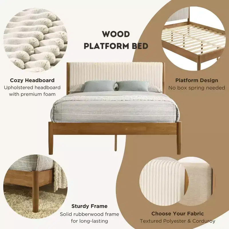 Ensemble de chambre à coucher Roundhill Furniture Vichy 3 pièces en hévéa, lit plateforme avec deux tables de chevet