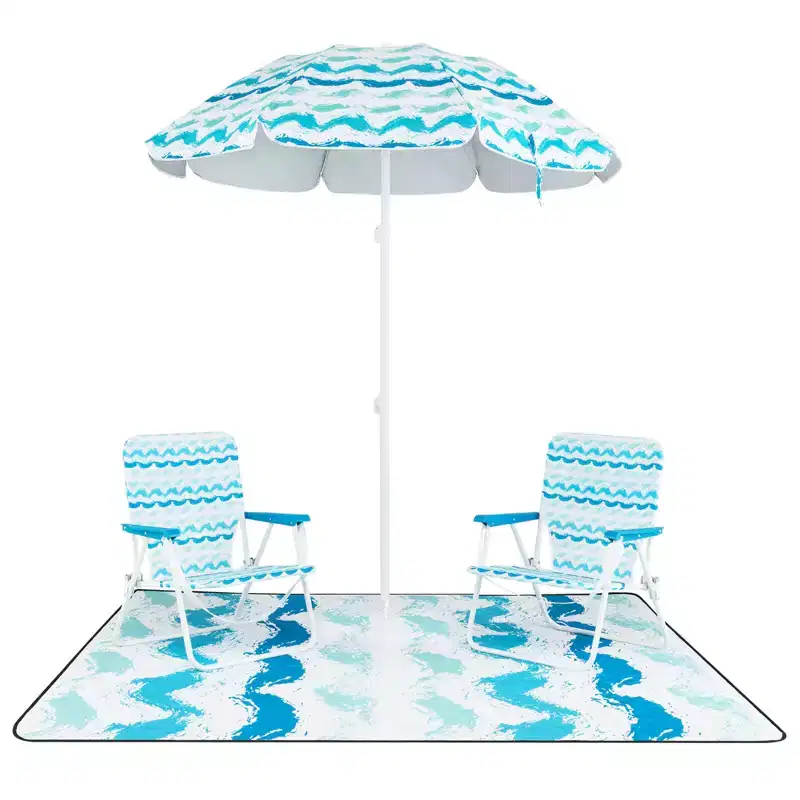 Costway Ensemble parasol de plage 4 pièces avec 2 chaises pliantes et couverture de pique-nique, mécanisme d'inclinaison bleu/rose