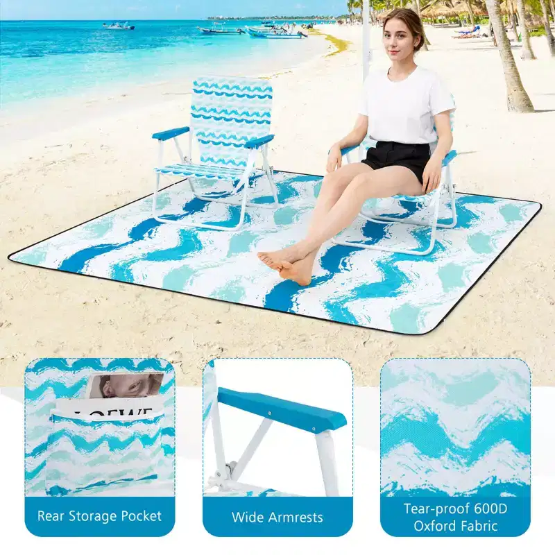 Costway Ensemble parasol de plage 4 pièces avec 2 chaises pliantes et couverture de pique-nique, mécanisme d'inclinaison bleu/rose