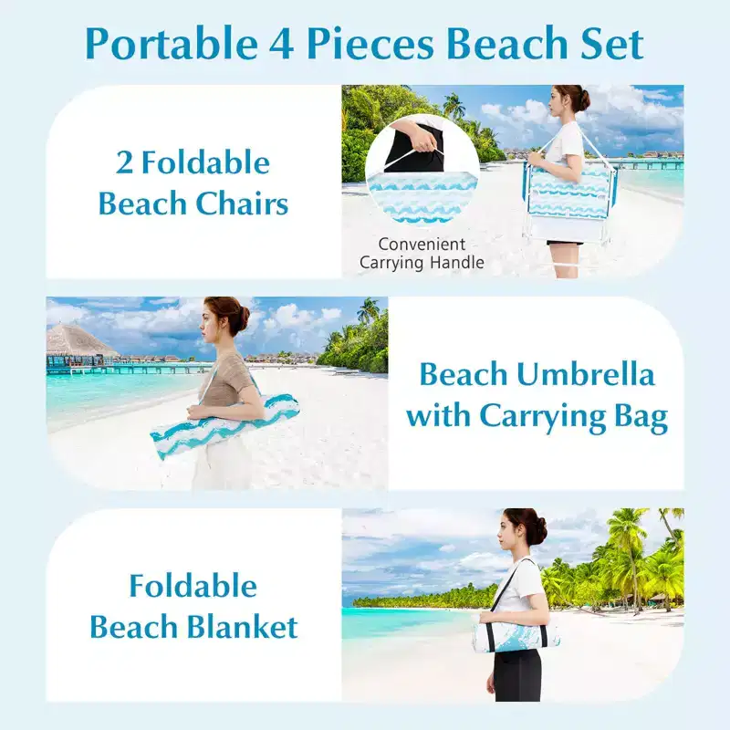 Costway Ensemble parasol de plage 4 pièces avec 2 chaises pliantes et couverture de pique-nique, mécanisme d'inclinaison bleu/rose