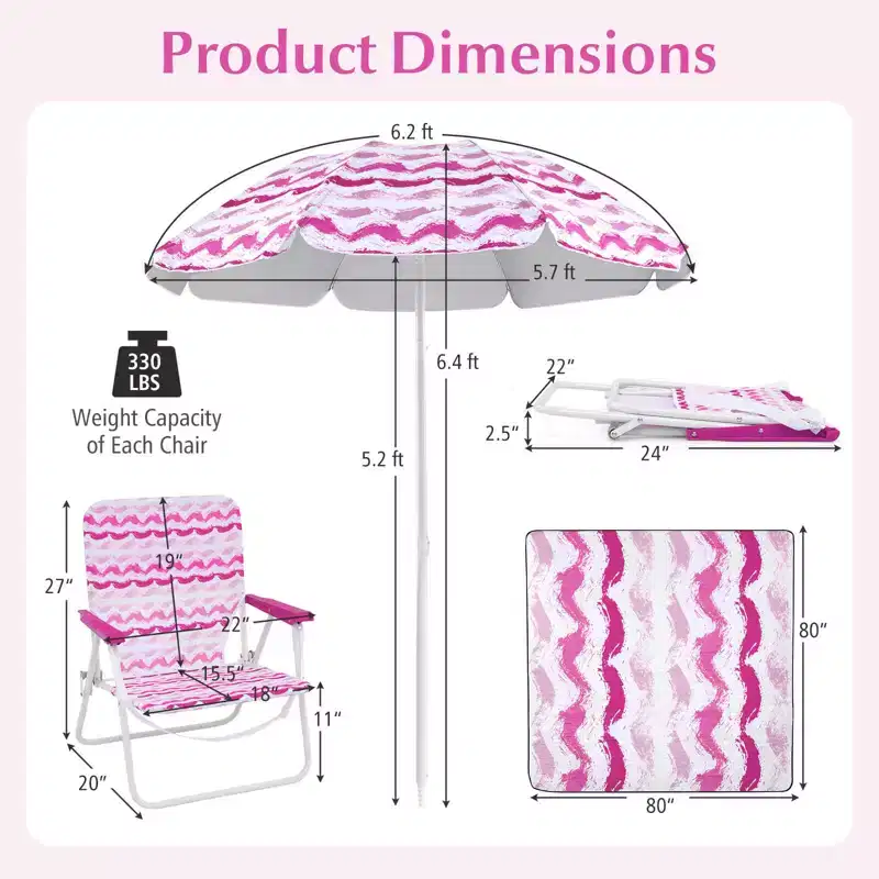 Costway Ensemble parasol de plage 4 pièces avec 2 chaises pliantes et couverture de pique-nique, mécanisme d'inclinaison bleu/rose