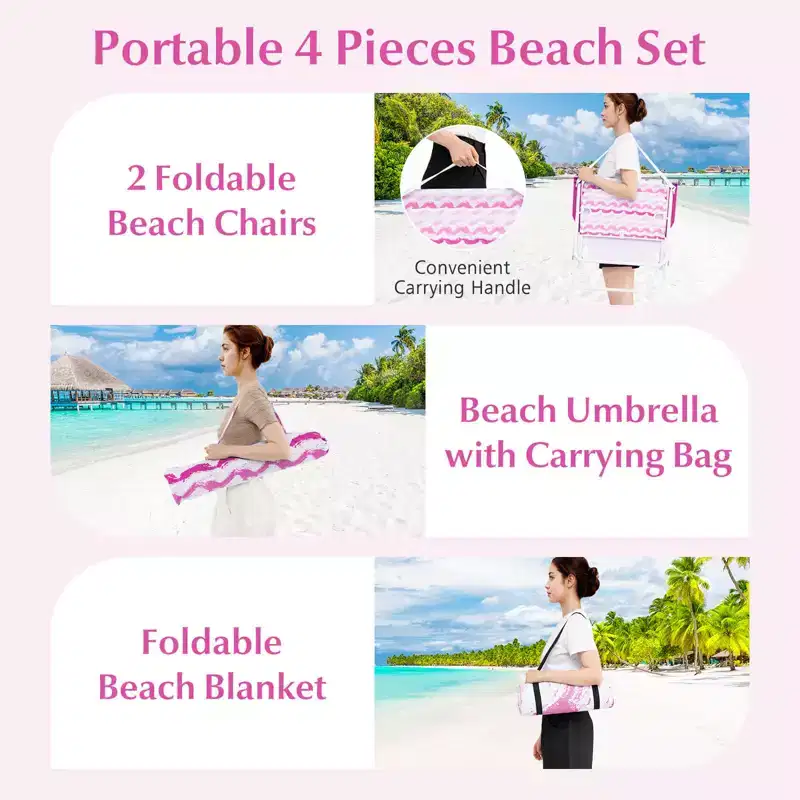 Costway Ensemble parasol de plage 4 pièces avec 2 chaises pliantes et couverture de pique-nique, mécanisme d'inclinaison bleu/rose