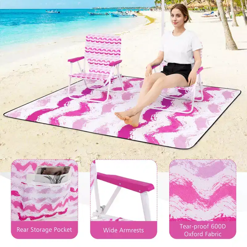 Costway Ensemble parasol de plage 4 pièces avec 2 chaises pliantes et couverture de pique-nique, mécanisme d'inclinaison bleu/rose