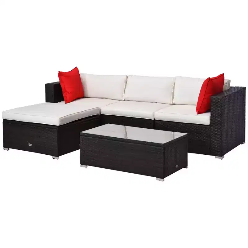 Outsunny Ensemble de mobilier de jardin 5 pièces, Canapé de terrasse, Canapé en rotin PE, Coussins, Oreillers, Ottoman, Table basse