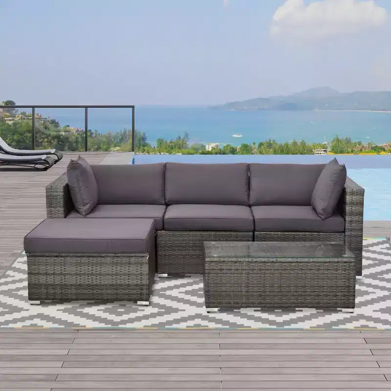 Outsunny Ensemble de mobilier de jardin 5 pièces, Canapé de terrasse, Canapé en rotin PE, Coussins, Oreillers, Ottoman, Table basse