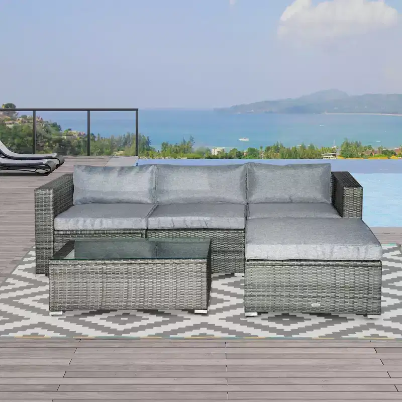 Outsunny Ensemble de mobilier de jardin 5 pièces, Canapé de terrasse, Canapé en rotin PE, Coussins, Oreillers, Ottoman, Table basse