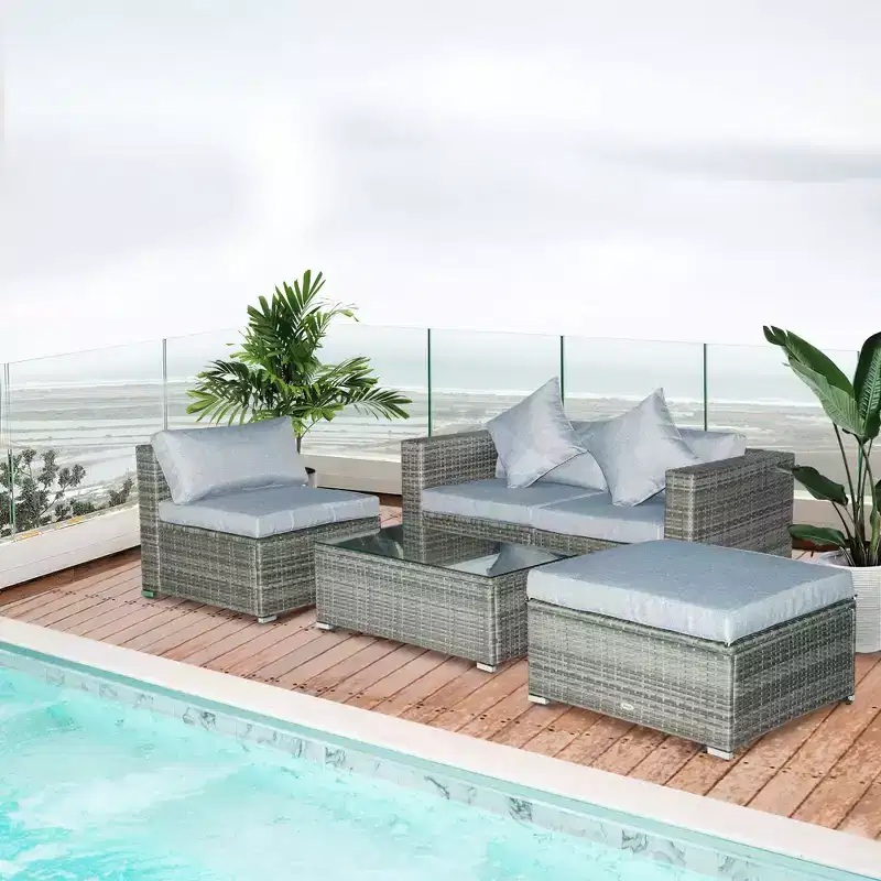 Outsunny Ensemble de mobilier de jardin 5 pièces, Canapé de terrasse, Canapé en rotin PE, Coussins, Oreillers, Ottoman, Table basse