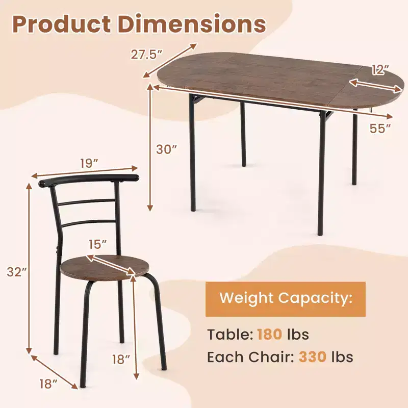 Costway Ensemble table à manger pliable 3 pièces avec 2 chaises, table de coin ovale industrielle