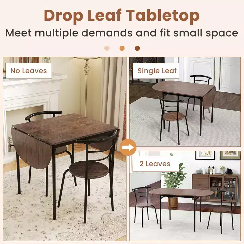 Costway Ensemble table à manger pliable 3 pièces avec 2 chaises, table de coin ovale industrielle