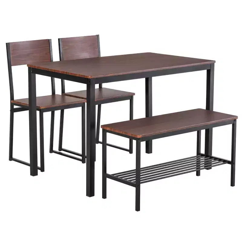 HOMCOM Ensemble de salle à manger industriel 4 pièces avec banc, table de cuisine en bois et chaises avec étagère de rangement pour cuisine, coin repas, noir/marron
