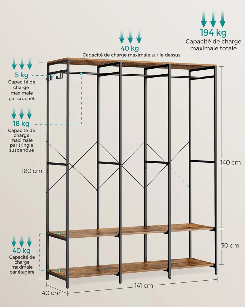 Armoire de rangement pliable avec étagères et tringle 40 x 141 x 180 cm en aggloméré marron rustique 12_0011358