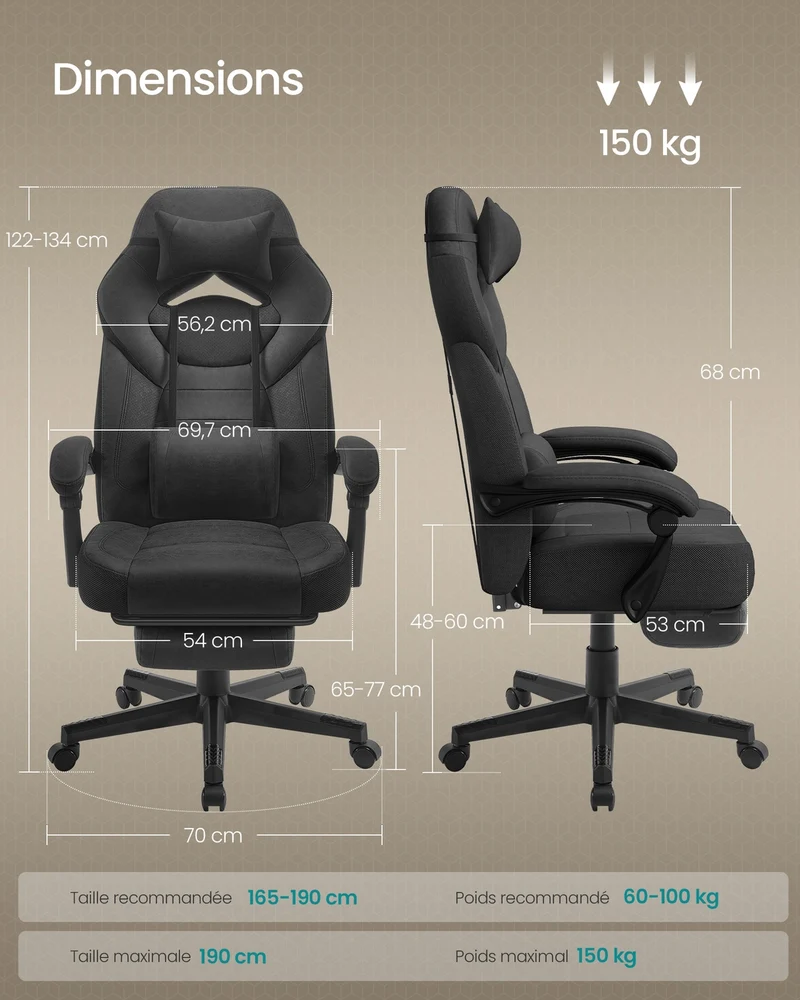 Fauteuil de bureau ergonomique réglable hauteur 70 x 70 x 134 cm confort optimal style moderne en suédine noir 12_0008466