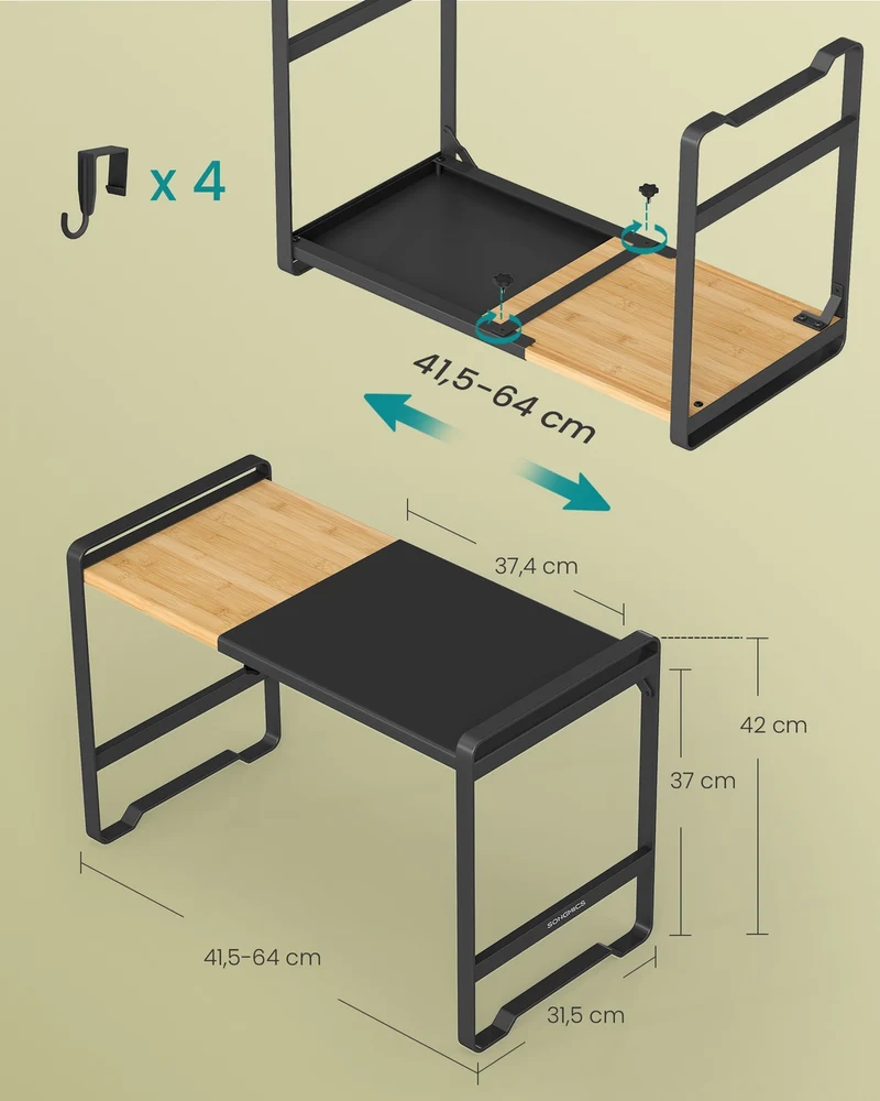 Étagère de cuisine extensible support micro-ondes réglable 31,5 x 41,5-64 x 42 cm en acier noir 12_0012913