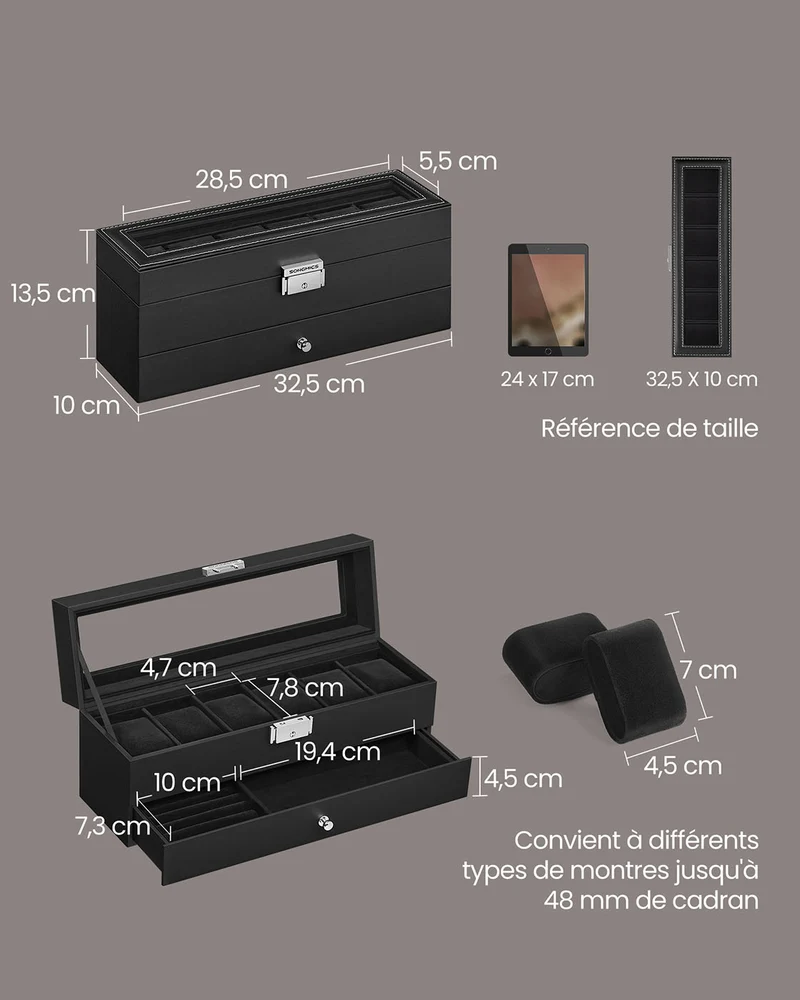 Boîte à montres verrouillable 10 x 32,5 x 13,5 cm avec tiroir et 2 étages style moderne en cuir synthétique noir 12_0012213